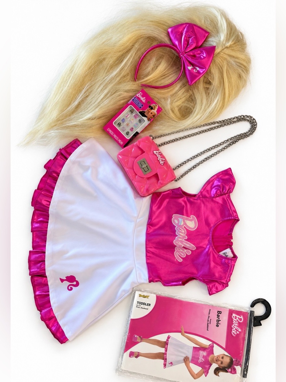 Barbie Girl Halloween Costume Pink Dress, Wig, Headband, Bow & Belt Size 3T/4T
